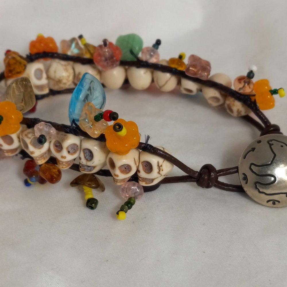Woven Bracelet w/ Skulls, Beaded Flowers, 'Dia de Muertos' Style, Silver Button